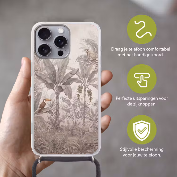 Natuur - Jungle - Ringstaartmaki - Bruin Hoesje iPhone 16 Pro Max met koord klein -sfeer2_NL