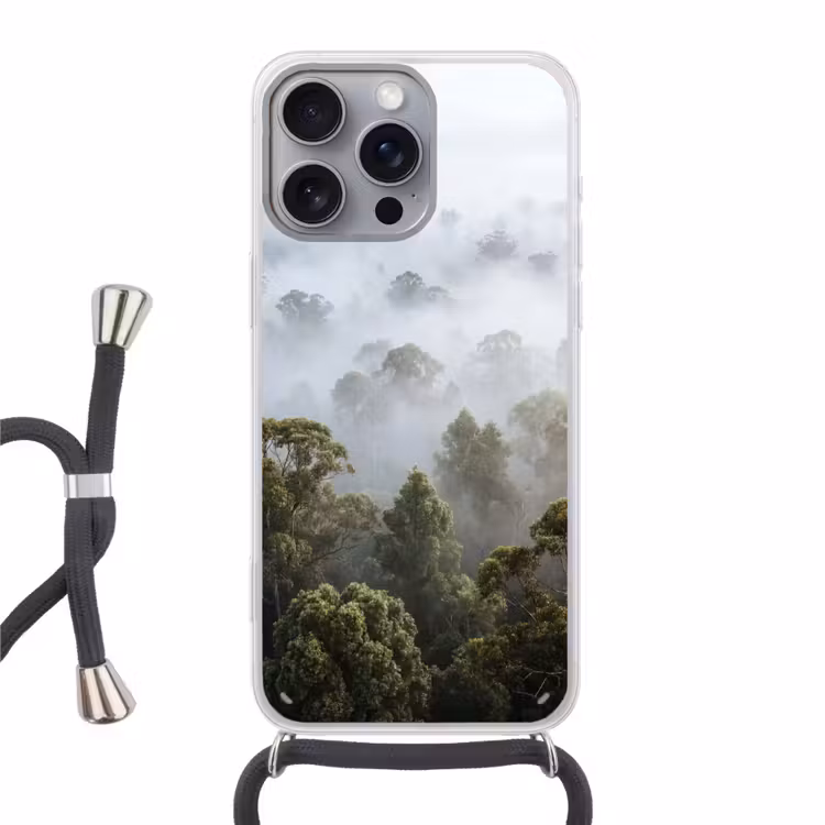 Natuur - Mist - Bos - Ochtend - Goud Hoesje iPhone 16 Pro Max met koord klein -3d