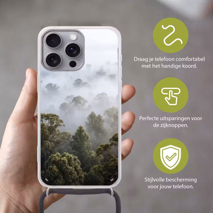 Natuur - Mist - Bos - Ochtend - Goud Hoesje iPhone 16 Pro Max met koord klein -sfeer2_NL