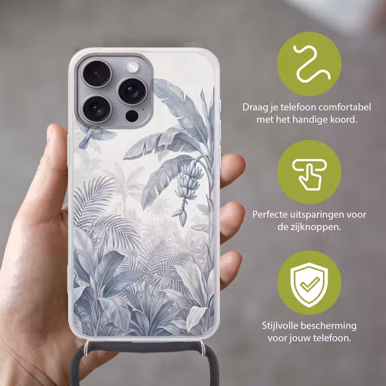 Natuur - Vogel - Jungle - Illustratie - Blauw Hoesje iPhone 16 Pro Max met koord klein -sfeer2_NL