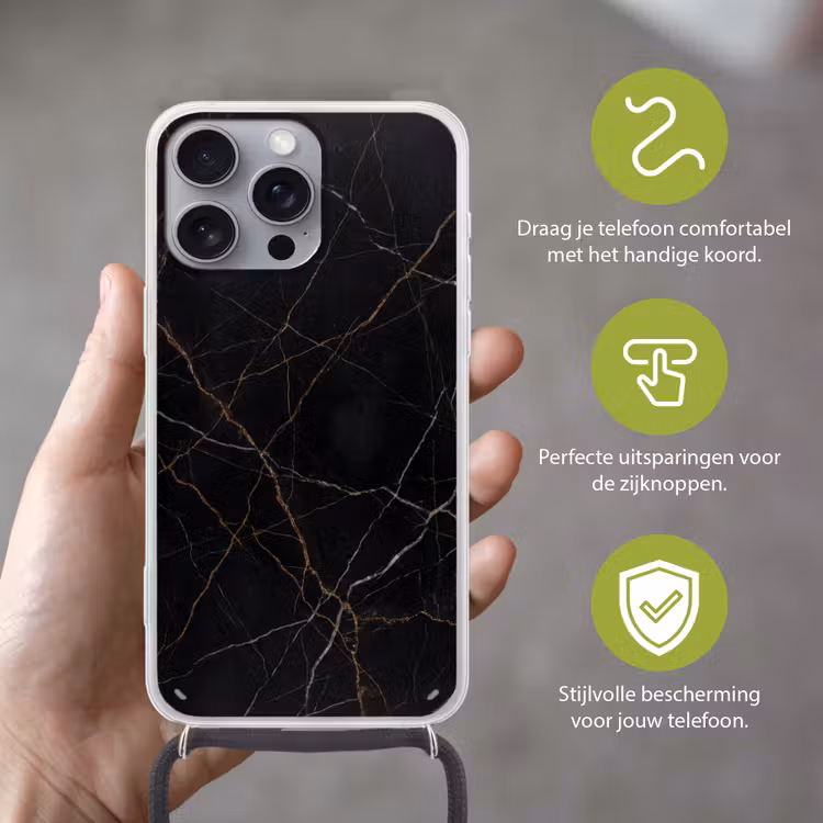 Natuursteen - Marmerpatroon - Abstract - Modern - Zwart - Goud Hoesje iPhone 16 Pro Max met koord klein -sfeer2_NL