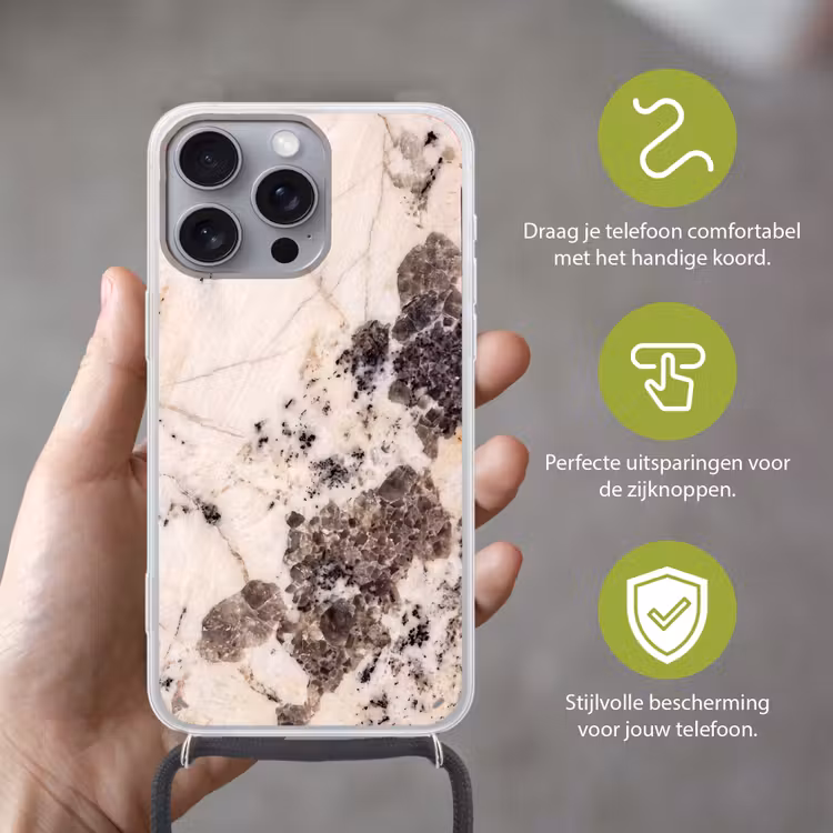 Natuursteen - Patroon - Abstract - Beige - Grijs Hoesje iPhone 16 Pro Max met koord klein -sfeer2_NL