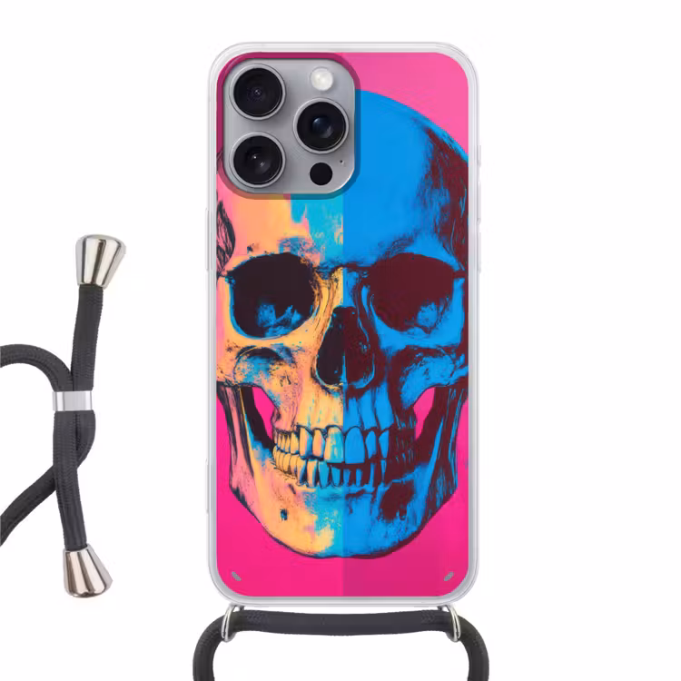 Neon - Blauw - Pop-art - Schedel Hoesje iPhone 16 Pro Max met koord klein -3d