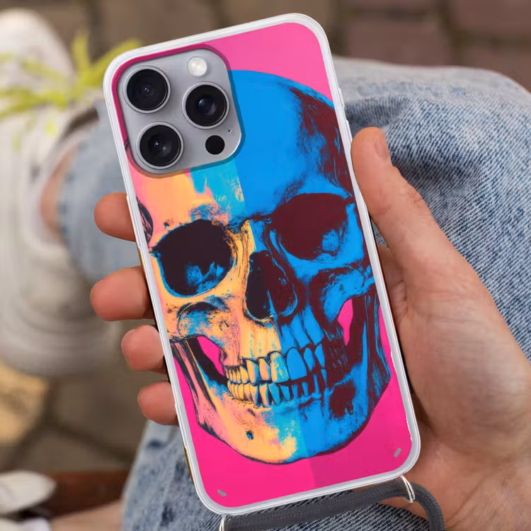 Neon - Blauw - Pop-art - Schedel Hoesje iPhone 16 Pro Max met koord klein -sfeer3