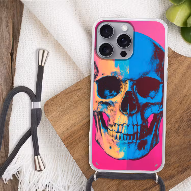 Neon - Blauw - Pop-art - Schedel Hoesje iPhone 16 Pro Max met koord klein -sfeer4