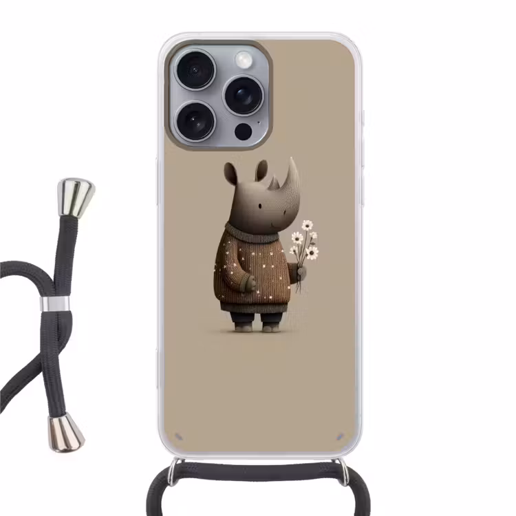 Neushoorn - Witte bloemen - Lief Hoesje iPhone 16 Pro Max met koord klein -3d