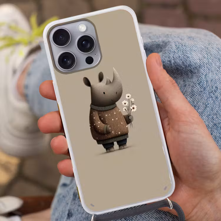 Neushoorn - Witte bloemen - Lief Hoesje iPhone 16 Pro Max met koord klein -sfeer3