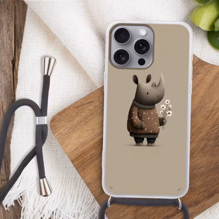 Neushoorn - Witte bloemen - Lief Hoesje iPhone 16 Pro Max met koord klein -sfeer4