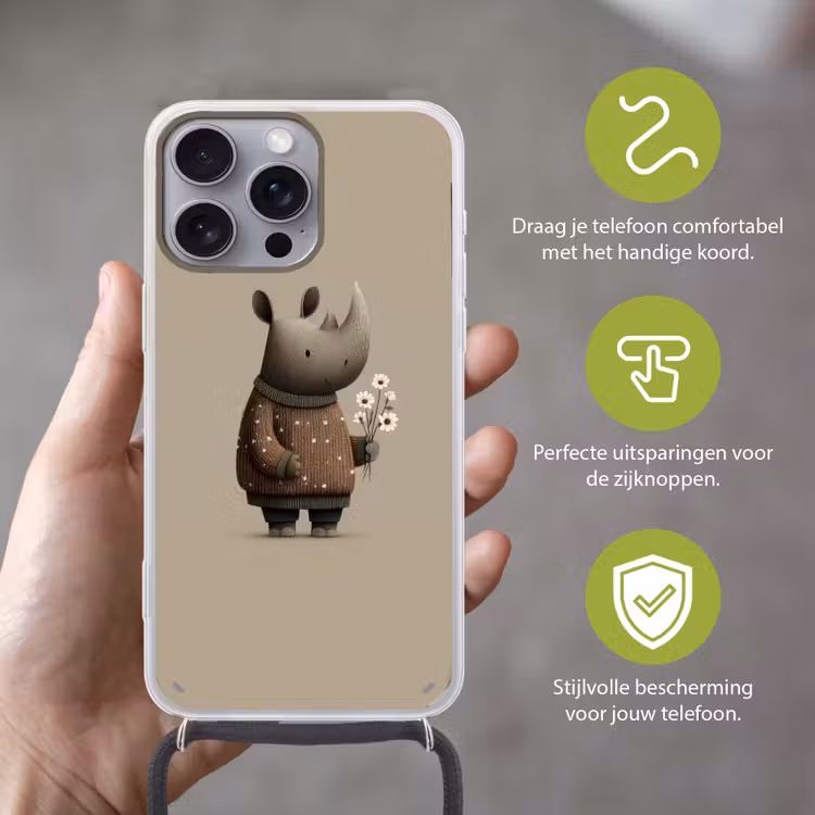 Neushoorn - Witte bloemen - Lief Hoesje iPhone 16 Pro Max met koord klein -sfeer2_NL