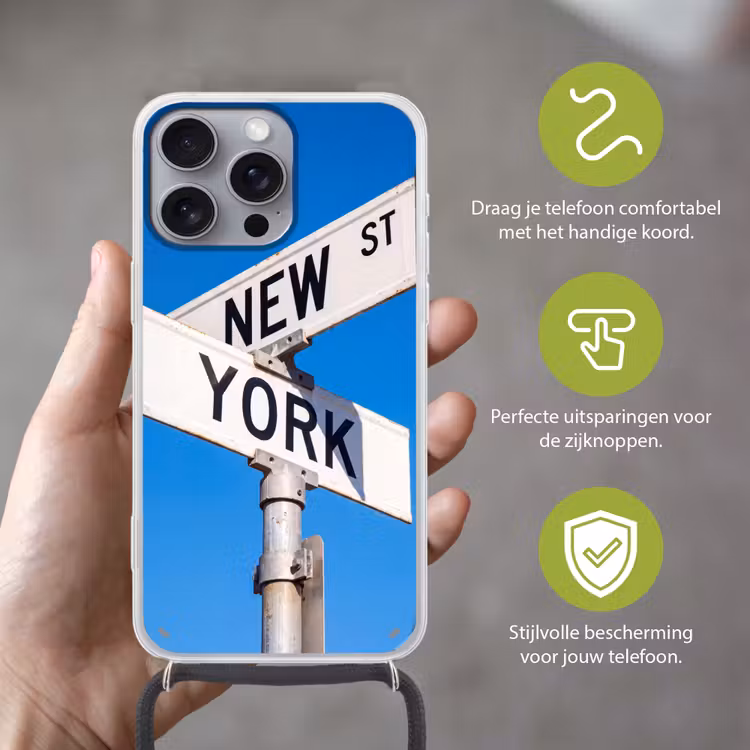 New York - Straatbord - Stad - Urban - Blauw Hoesje iPhone 16 Pro Max met koord klein -sfeer2_NL