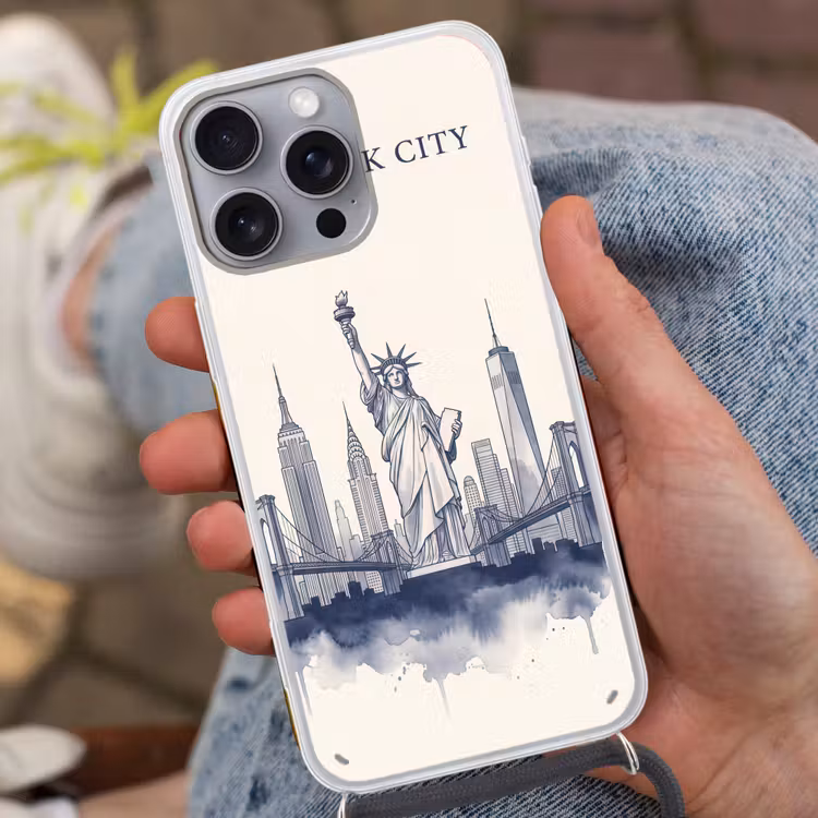 New York - Vrijheidsbeeld - Skyline - Illustratie - Blauw Hoesje iPhone 16 Pro Max met koord klein -sfeer3