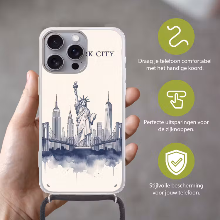 New York - Vrijheidsbeeld - Skyline - Illustratie - Blauw Hoesje iPhone 16 Pro Max met koord klein -sfeer2_NL