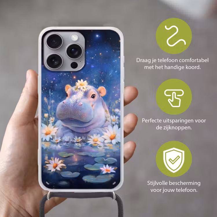 Nijlpaard - Madeliefjes - Sterrenhemel Hoesje iPhone 16 Pro Max met koord klein -sfeer2_NL