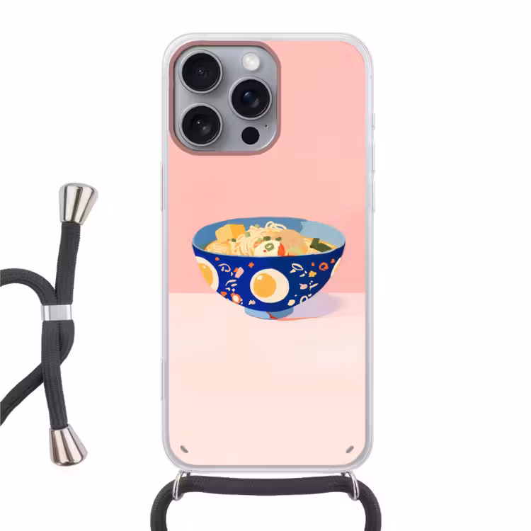 Noodles - Kom - Blauw - Illustratie Hoesje iPhone 16 Pro Max met koord klein -3d