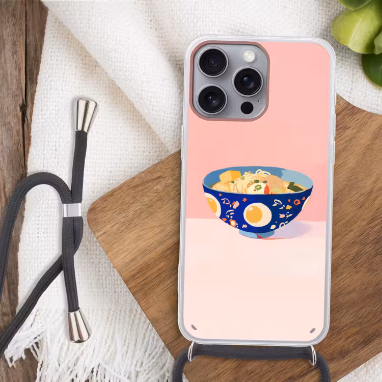 Noodles - Kom - Blauw - Illustratie Hoesje iPhone 16 Pro Max met koord klein -sfeer4