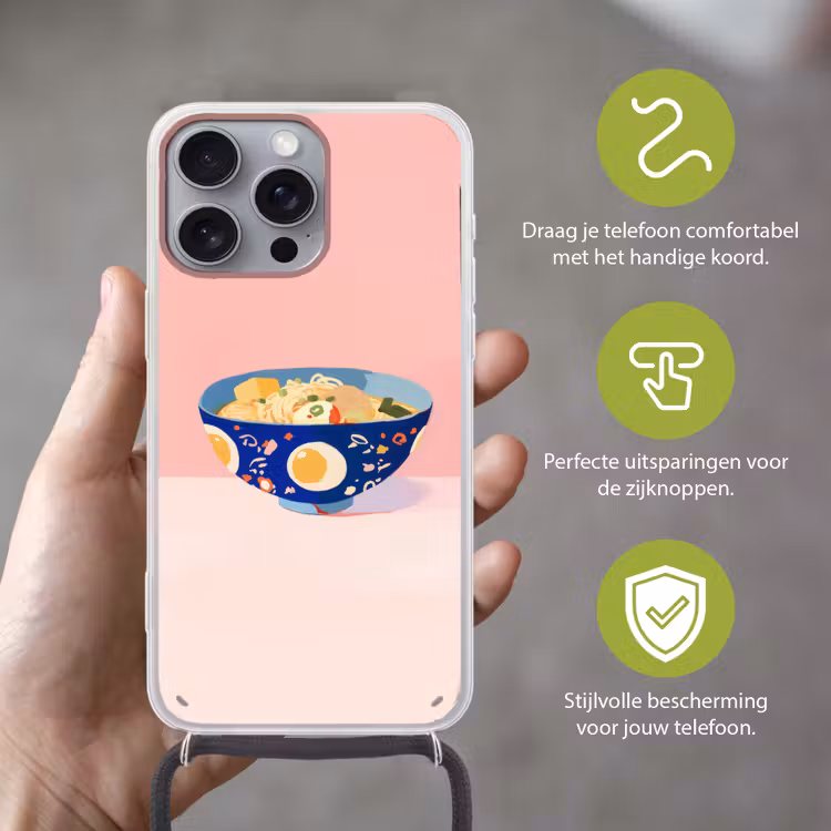 Noodles - Kom - Blauw - Illustratie Hoesje iPhone 16 Pro Max met koord klein -sfeer2_NL