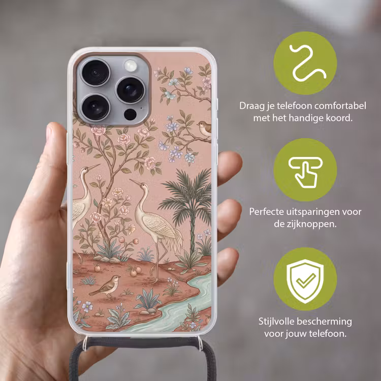Nostalgisch - Reigers - Roze Hoesje iPhone 16 Pro Max met koord klein -sfeer2_NL