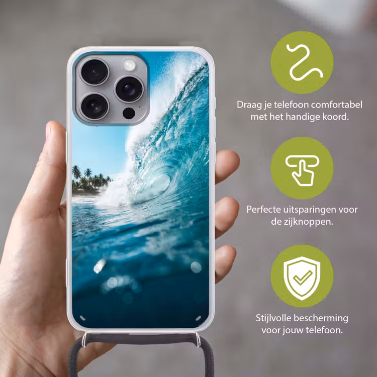 Oceaan - Golf - Strand - Natuur - Blauw Hoesje iPhone 16 Pro Max met koord klein -sfeer2_NL