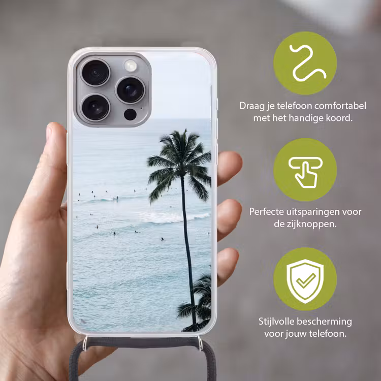 Oceaan - Palmbomen - Surfers Hoesje iPhone 16 Pro Max met koord klein -sfeer2_NL