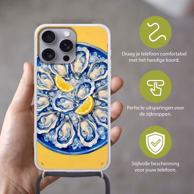 Oesters - Citroen - IJs - Modern - Geel Hoesje iPhone 16 Pro Max met koord klein -sfeer2_NL