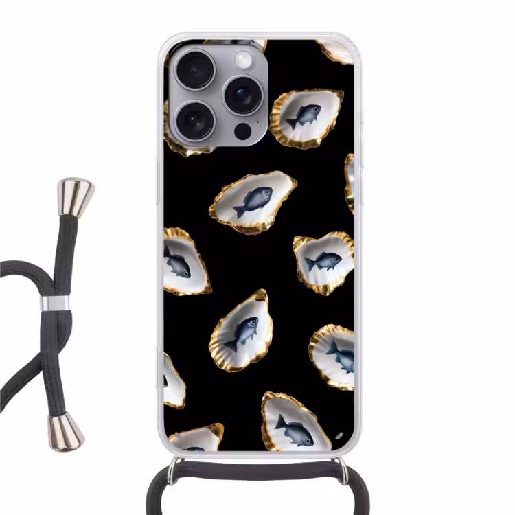 Oesters - Vissen - Blauw - Goud Hoesje iPhone 16 Pro Max met koord klein -3d