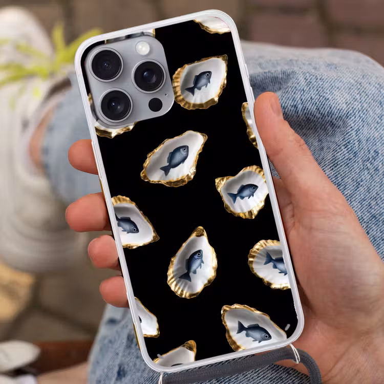 Oesters - Vissen - Blauw - Goud Hoesje iPhone 16 Pro Max met koord klein -sfeer3