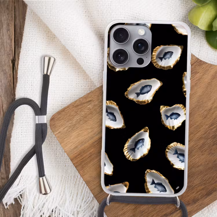 Oesters - Vissen - Blauw - Goud Hoesje iPhone 16 Pro Max met koord klein -sfeer4