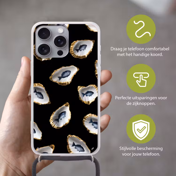 Oesters - Vissen - Blauw - Goud Hoesje iPhone 16 Pro Max met koord klein -sfeer2_NL