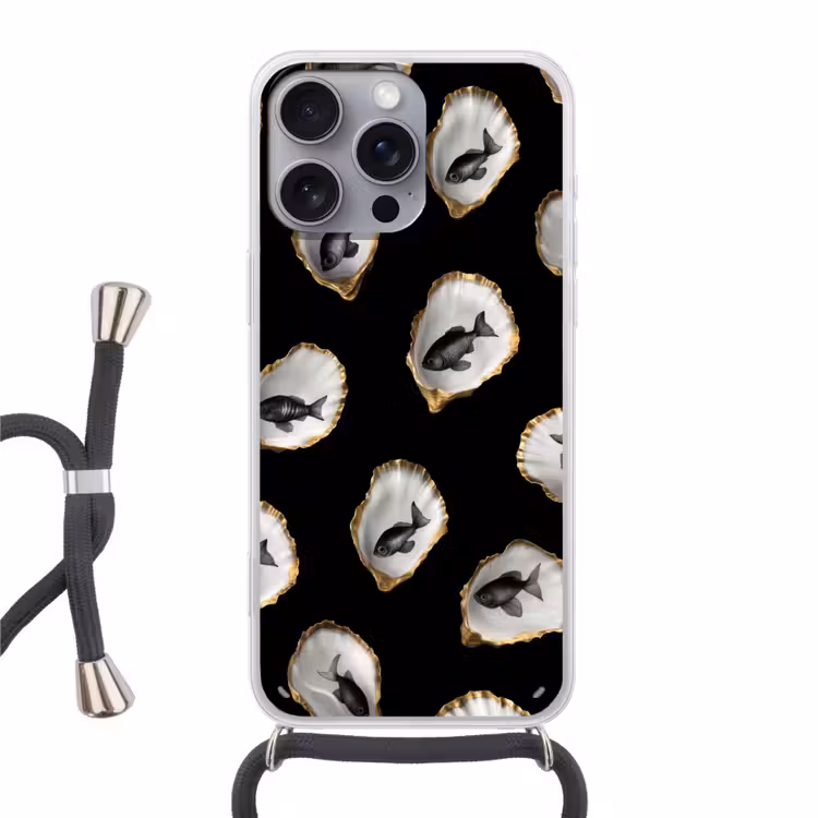 Oesters - Zwart - Vissen - Goud Hoesje iPhone 16 Pro Max met koord klein -3d