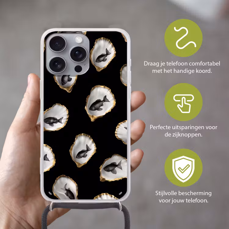 Oesters - Zwart - Vissen - Goud Hoesje iPhone 16 Pro Max met koord klein -sfeer2_NL
