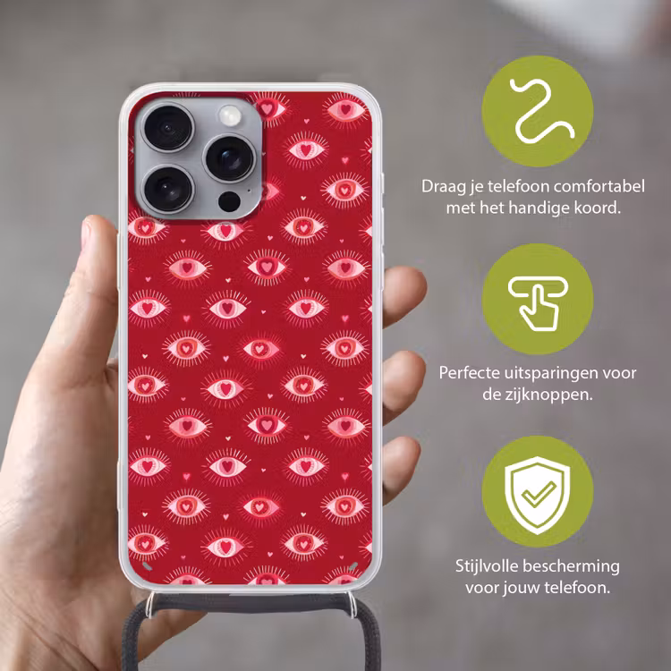 Ogen - Patroon - Roze - Donkerrood Hoesje iPhone 16 Pro Max met koord klein 804 -sfeer2_NL
