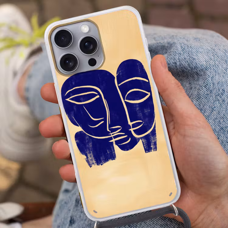 Okergeel - Blauw - Eenvoudige lijnen Hoesje iPhone 16 Pro Max met koord klein -sfeer3