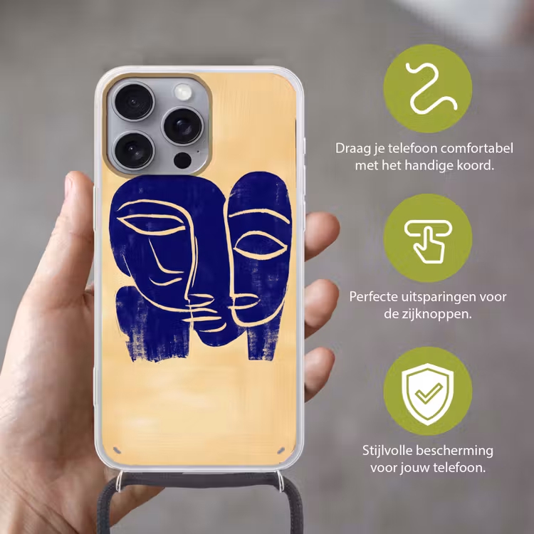 Okergeel - Blauw - Eenvoudige lijnen Hoesje iPhone 16 Pro Max met koord klein -sfeer2_NL