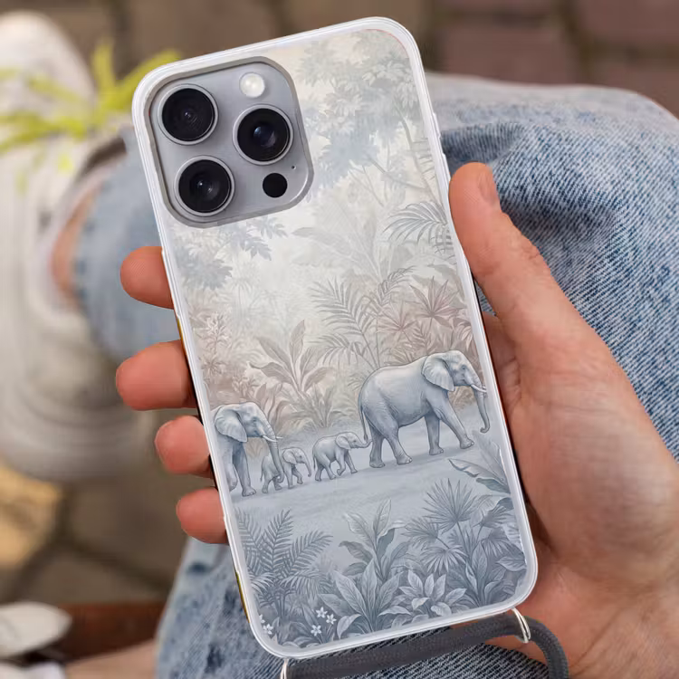 Olifant - Familie - Jungle - Illustratie - Grijs Hoesje iPhone 16 Pro Max met koord klein -sfeer3