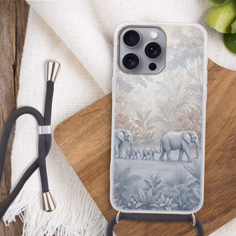 Olifant - Familie - Jungle - Illustratie - Grijs Hoesje iPhone 16 Pro Max met koord klein -sfeer4