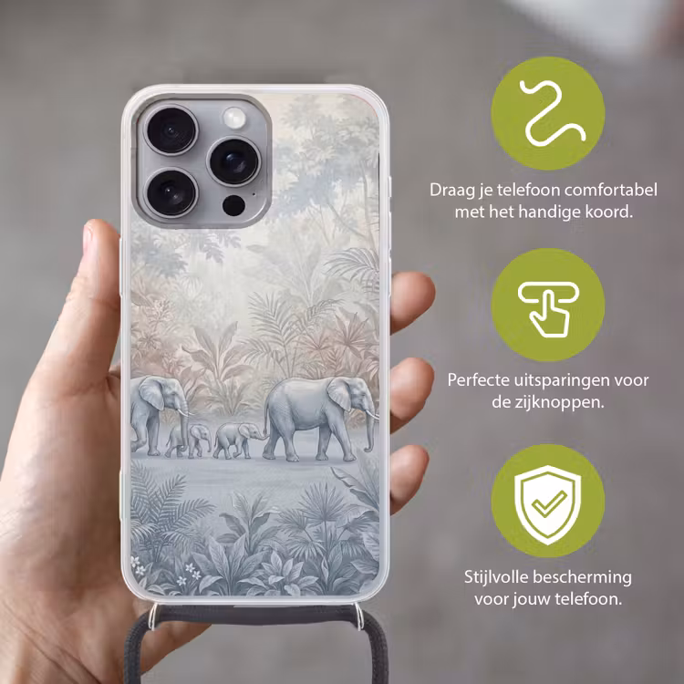 Olifant - Familie - Jungle - Illustratie - Grijs Hoesje iPhone 16 Pro Max met koord klein -sfeer2_NL