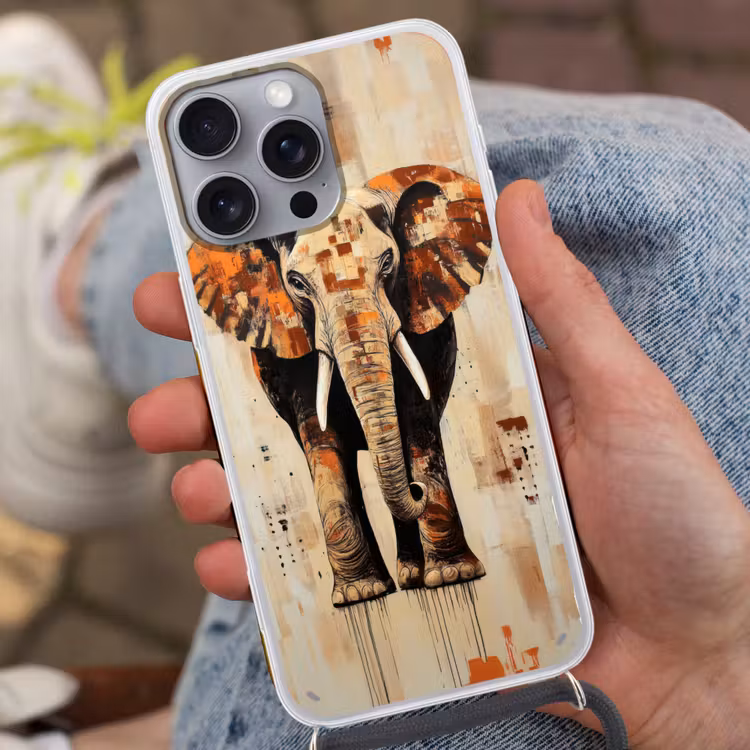 Olifant - Slurf - Mozaïek - Abstract Hoesje iPhone 16 Pro Max met koord klein -sfeer3