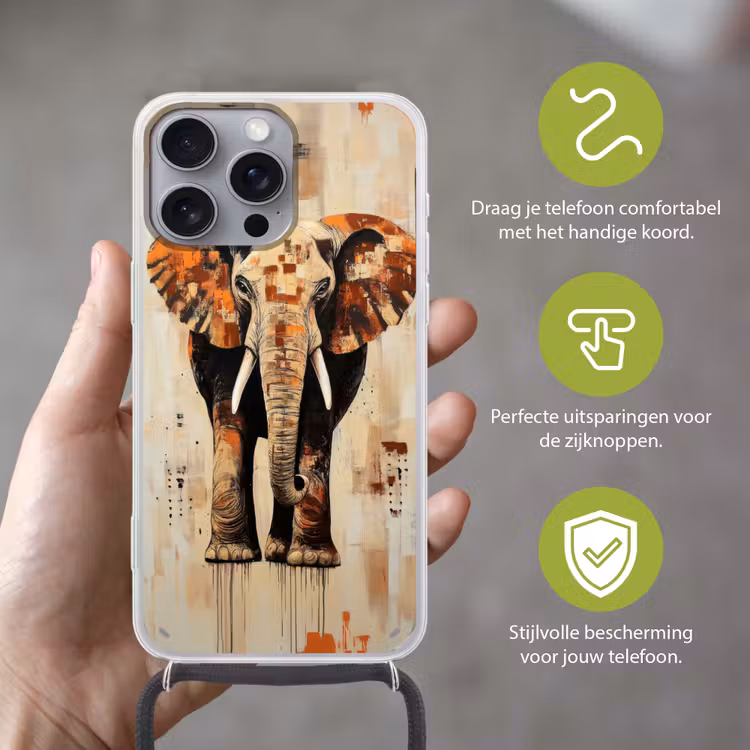 Olifant - Slurf - Mozaïek - Abstract Hoesje iPhone 16 Pro Max met koord klein -sfeer2_NL