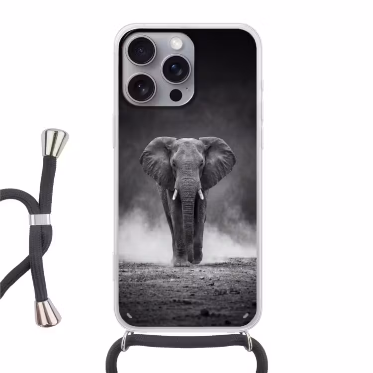 Olifant - Zwart - Wit - Rook Hoesje iPhone 16 Pro Max met koord klein -3d
