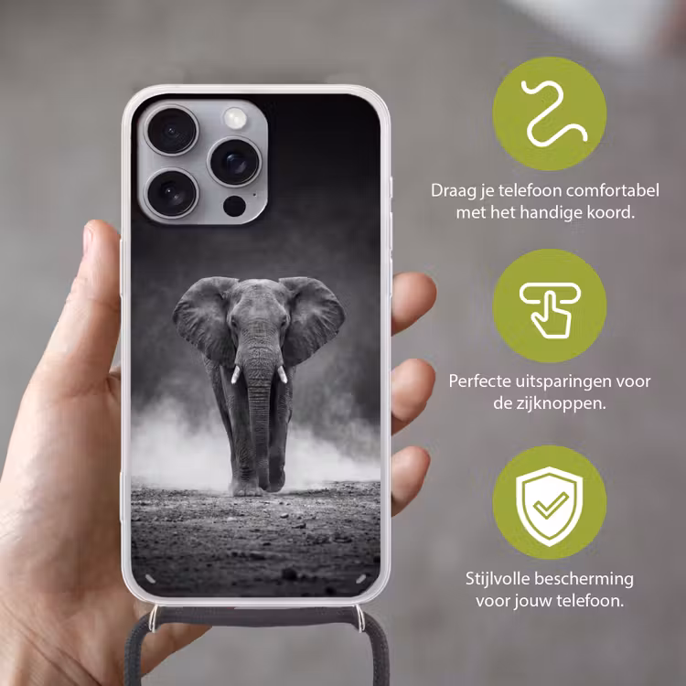 Olifant - Zwart - Wit - Rook Hoesje iPhone 16 Pro Max met koord klein -sfeer2_NL