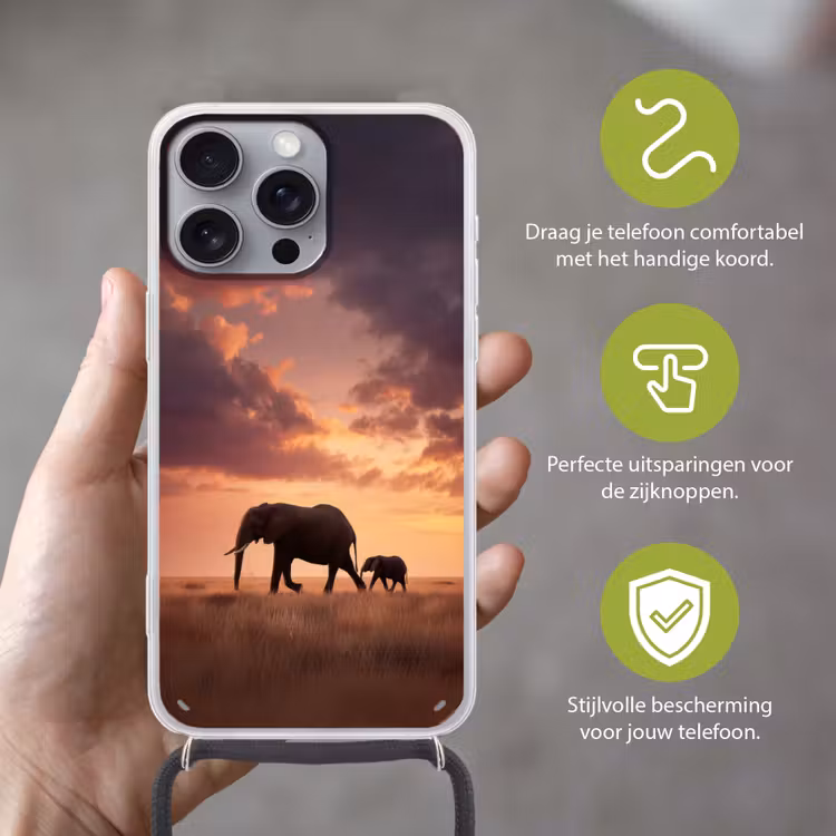 Olifanten - Grasland - Zonsondergang Hoesje iPhone 16 Pro Max met koord klein -sfeer2_NL