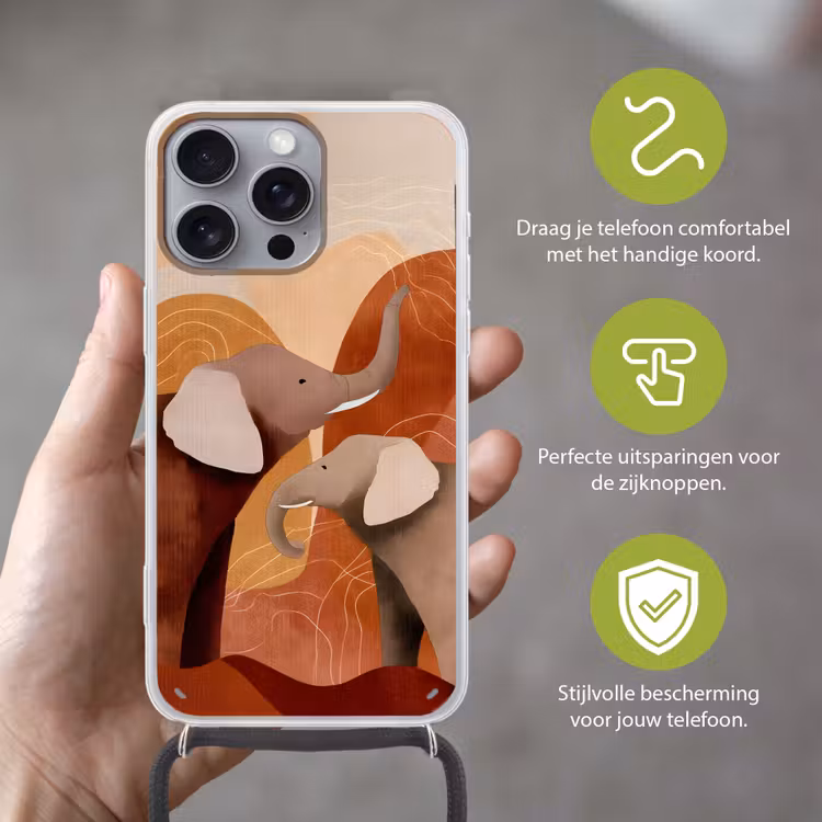 Olifanten - Oranje - Abstract Hoesje iPhone 16 Pro Max met koord klein -sfeer2_NL