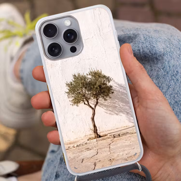 Telefoonhoesje met koord - Olijfboom - muur - wit - Olijfboom - muur - wit Hoesje iPhone 16 Pro Max met koord klein