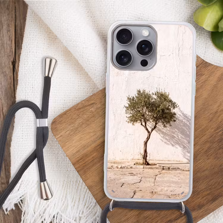 Telefoonhoesje met koord - Olijfboom - muur - wit - Olijfboom - muur - wit Hoesje iPhone 16 Pro Max met koord klein