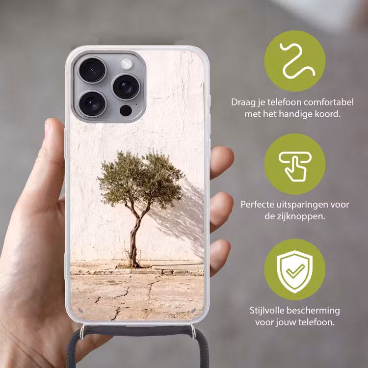 Telefoonhoesje met koord - Olijfboom - muur - wit - Olijfboom - muur - wit Hoesje iPhone 16 Pro Max met koord klein