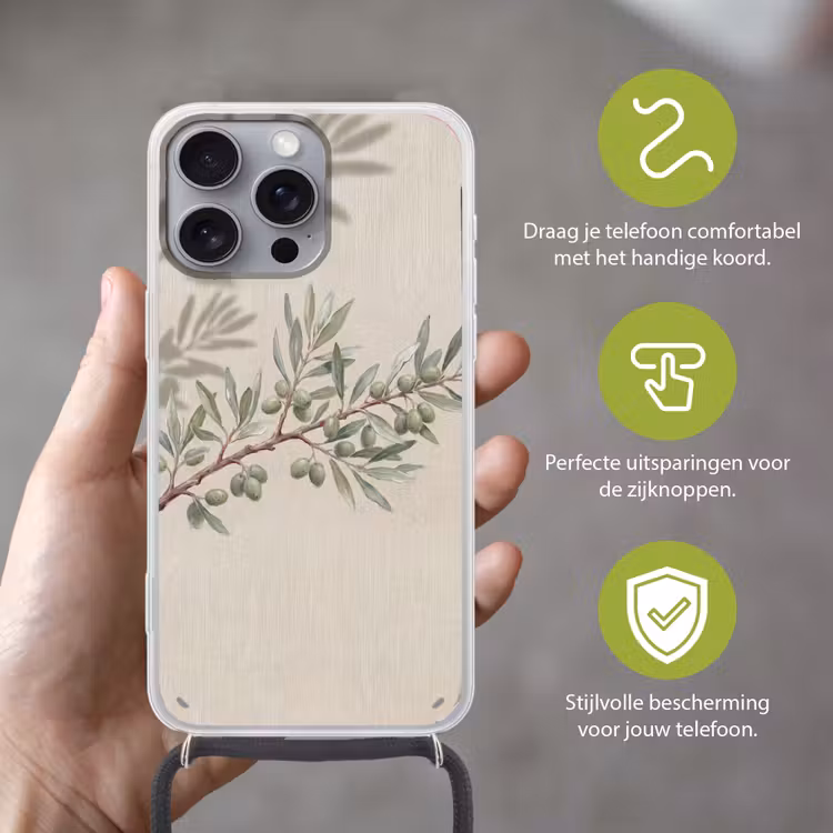 Olijftak - Bladeren - Natuur - Groen - Beige Hoesje iPhone 16 Pro Max met koord klein -sfeer2_NL