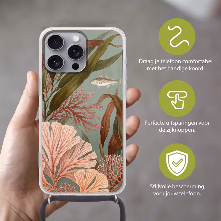 Onderwater - Planten - Vis - Vintage - Groen Hoesje iPhone 16 Pro Max met koord klein -sfeer2_NL