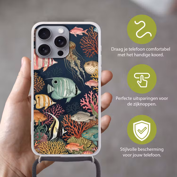 Onderwaterwereld - Vissen - Koraal - Illustratie - Kleurrijk Hoesje iPhone 16 Pro Max met koord klein -sfeer2_NL