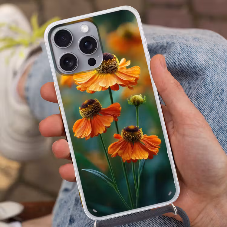 Oranje bloemen - Levendig - Wazige achtergrond Hoesje iPhone 16 Pro Max met koord klein -sfeer3