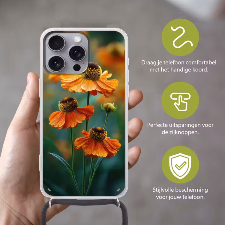 Oranje bloemen - Levendig - Wazige achtergrond Hoesje iPhone 16 Pro Max met koord klein -sfeer2_NL